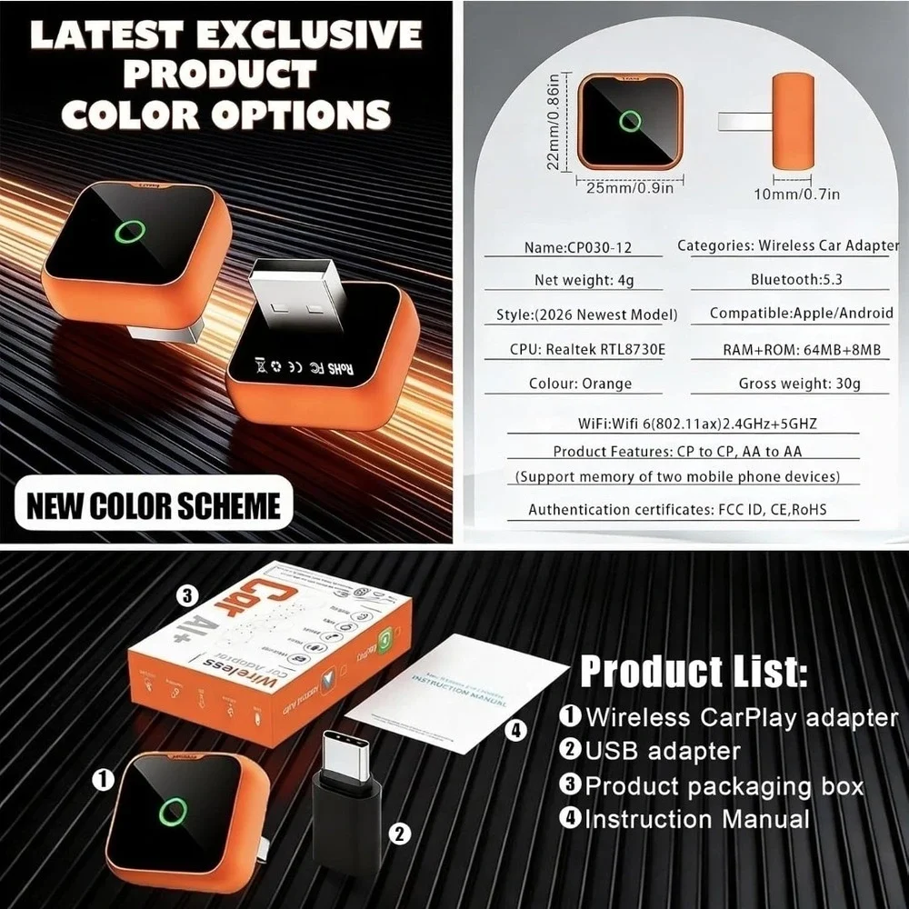 2-in-1 Wireless CarPlay Android Auto Adapter, Plug & Play Wired to Wireless...‎